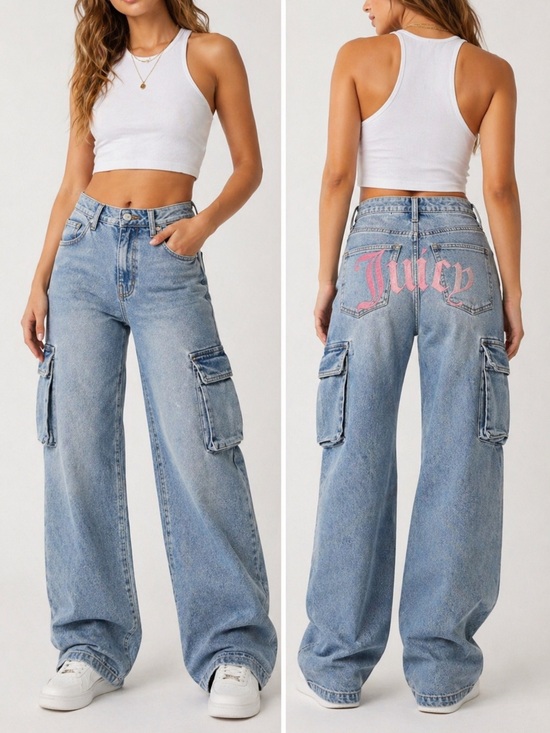 Juicy Couture Denim - JUICY COUTURE Denim Cargo Wide Leg Jeans Pink Logo Size 0 Y2K